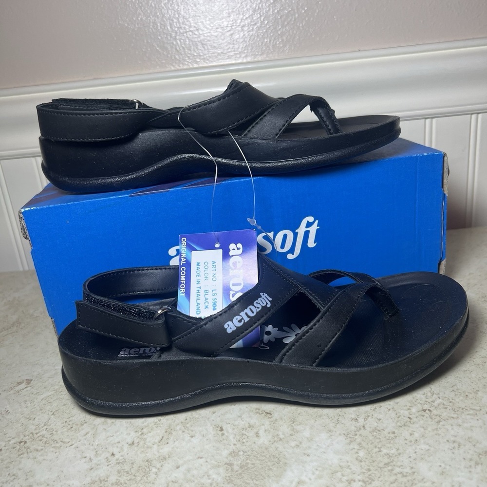 Aerosoft LS 5904 Black Strappy Arch Support Slingback Comfort Sandals Size 37